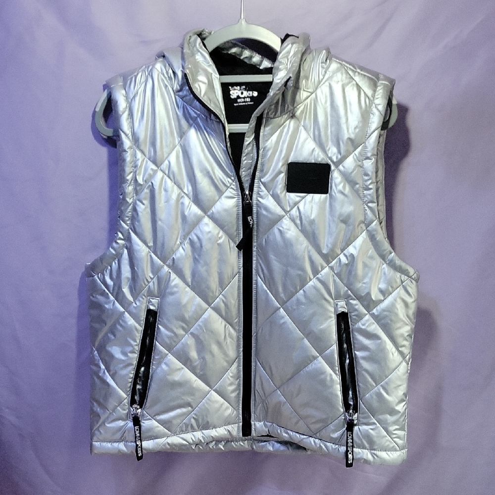 Love And Sports Silver Quilted Hooded Vest